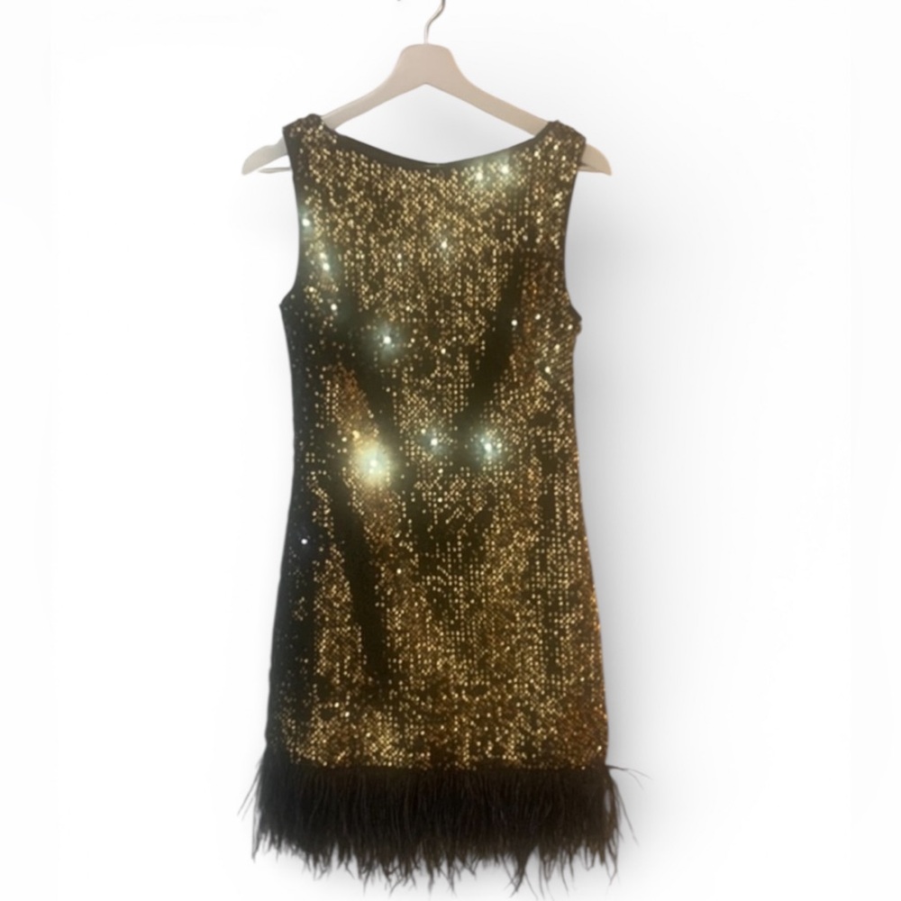 Milly Sequins Gina Feather Dress in GOLD.